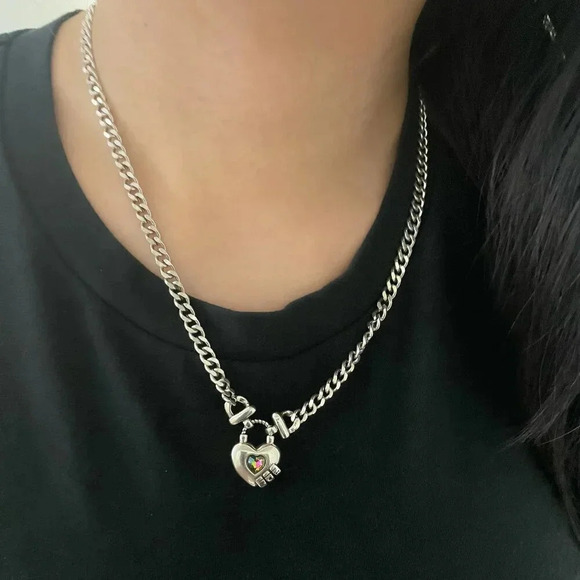 925 Sterling Silver Curb Chain Link Necklace Heart Necklace Heart Lock Chain - Picture 8 of 8